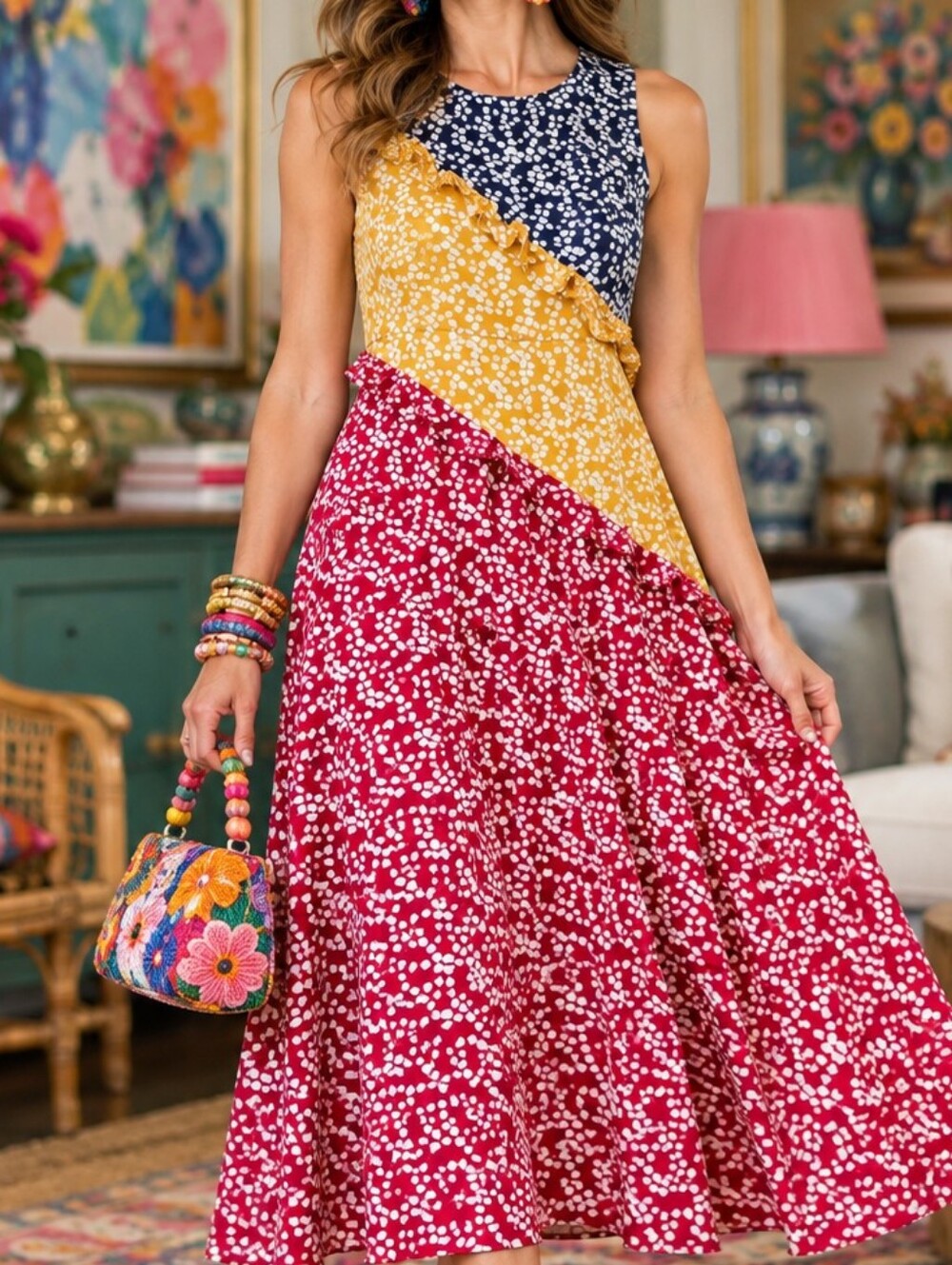 Saloni Silk Colorblock Ruffle Midi Dress 4 Whimsical Romantic Dopamine Dressing
